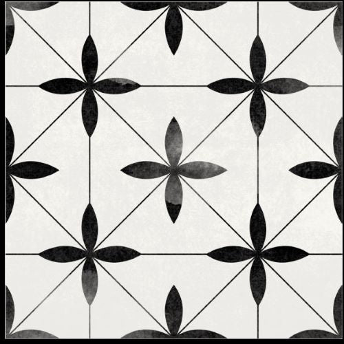 Da Vinci Vaticano Matt 200x200mm ceramic tile featuring a monochrome black and white geometric floral pattern with diagonal lines and symmetrical petal motifs.
