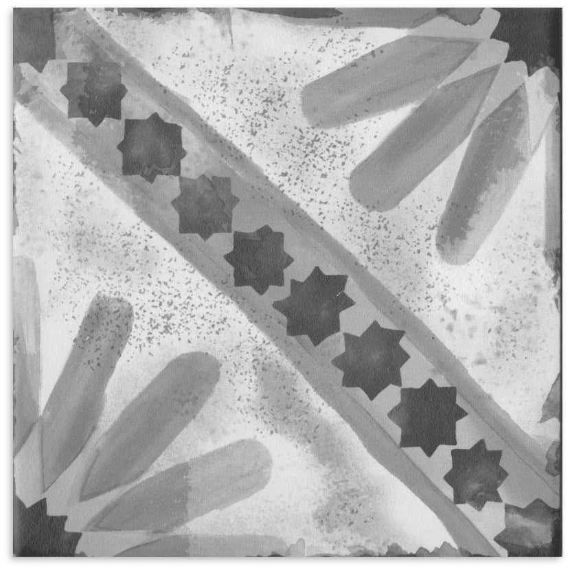 Close-up detail of Da Vinci Vecchio Matt 200x200mm tile showing a monochrome geometric pattern with diagonal bands, star motifs, and leaf shapes.