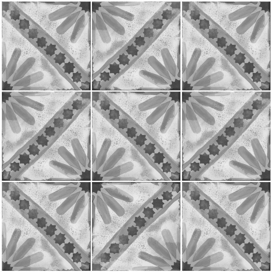 Da Vinci Vecchio Matt 200x200mm ceramic floor tile shown in a 3x3 repeat grid displaying a monochrome geometric star-and-petal pattern with aged, distressed finish.