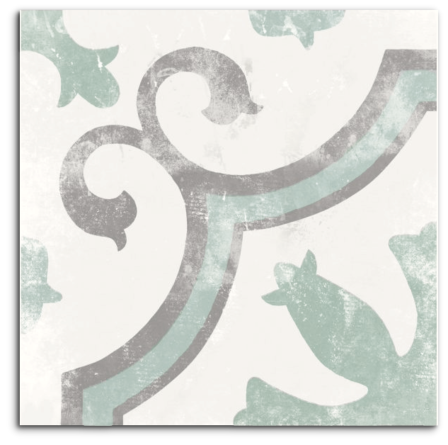 Da Vinci Venetian Matt 200x200mm tile featuring an ornate scrolling motif in soft sage green and grey on a white matt surface.