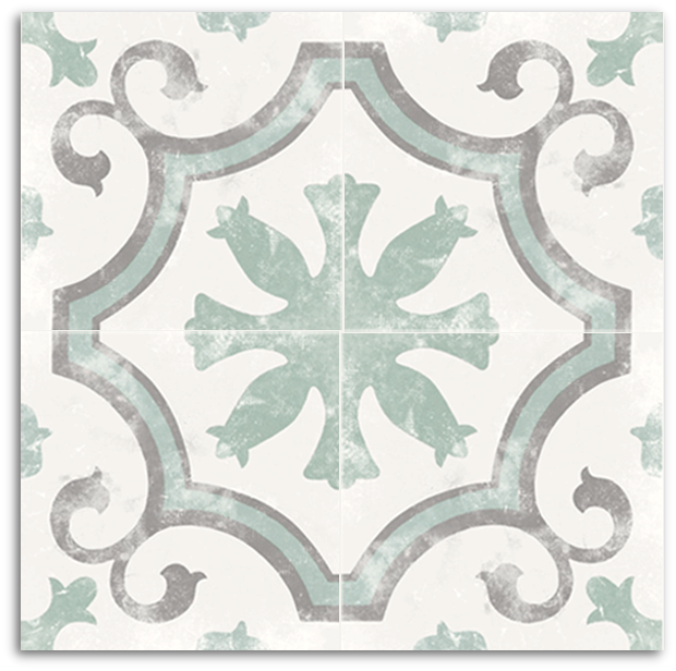 Close-up of Da Vinci Venetian Matt 200x200mm tile featuring a distressed sage green and grey ornate floral medallion pattern on a white matt finish.