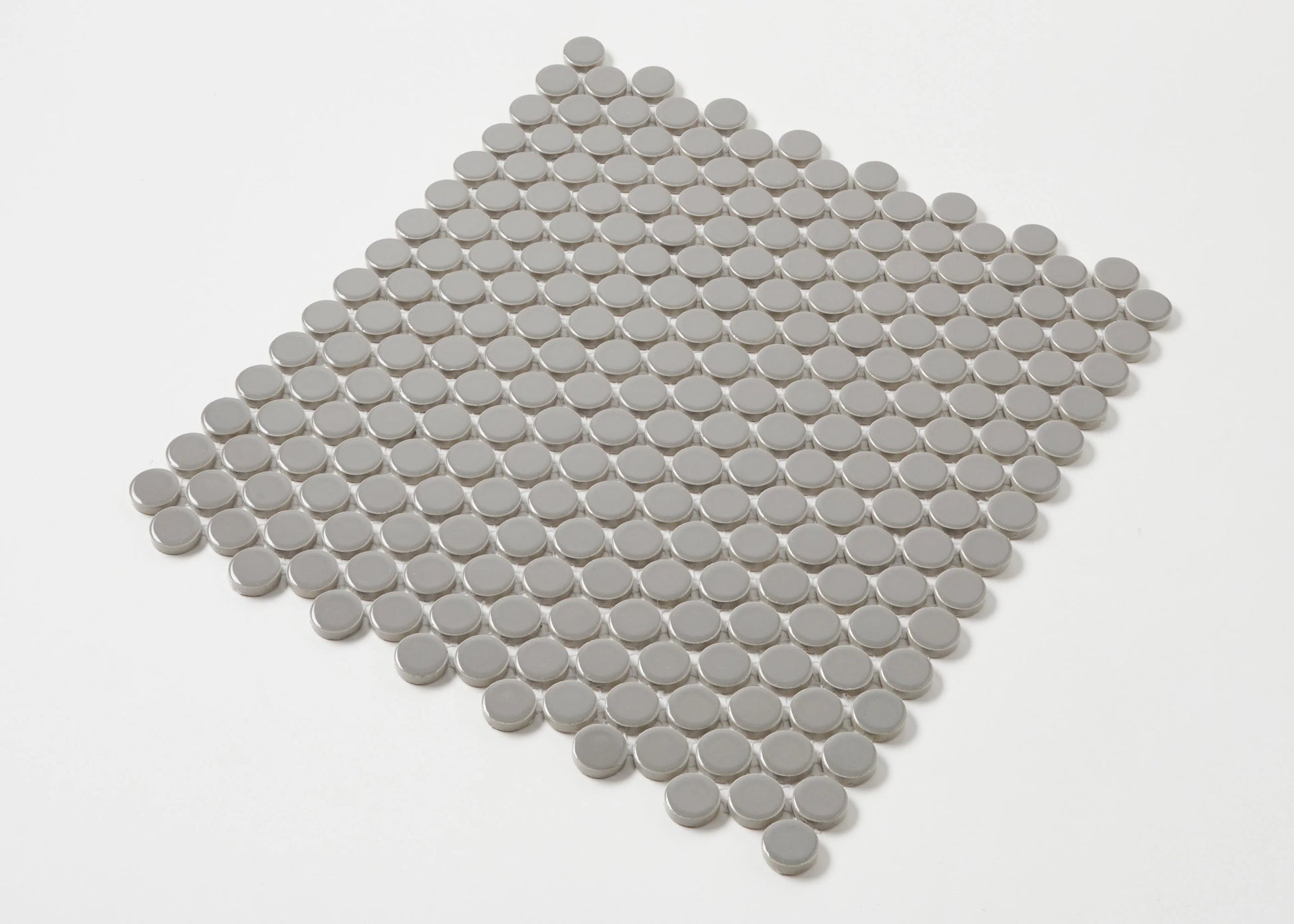 Dark Grey Gloss Diameter Glazed Porcelain Penny Round 19mm tiles arranged in a diamond-shaped mosaic sheet, showing glossy circular grey ceramic pieces on a white background.