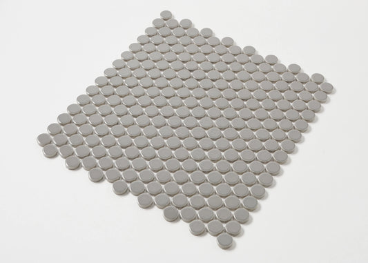 Dark Grey Gloss Diameter Glazed Porcelain Penny Round 19mm tiles arranged in a diamond-shaped mosaic sheet, showing glossy circular grey ceramic pieces on a white background.