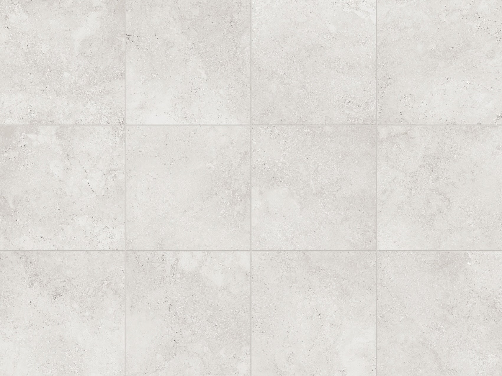Dino Bianco Rectified InOut 600x600mm tiles shown in a 3x4 grid layout displaying soft white marble-effect texture with subtle grey veining and matte finish.