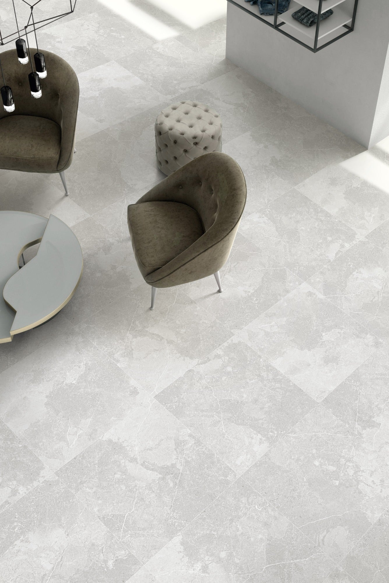 Dominique Bone Matt 600x600mm floor tiles installed in a contemporary lounge with olive velvet armchairs, tufted ottoman, and pendant lights.