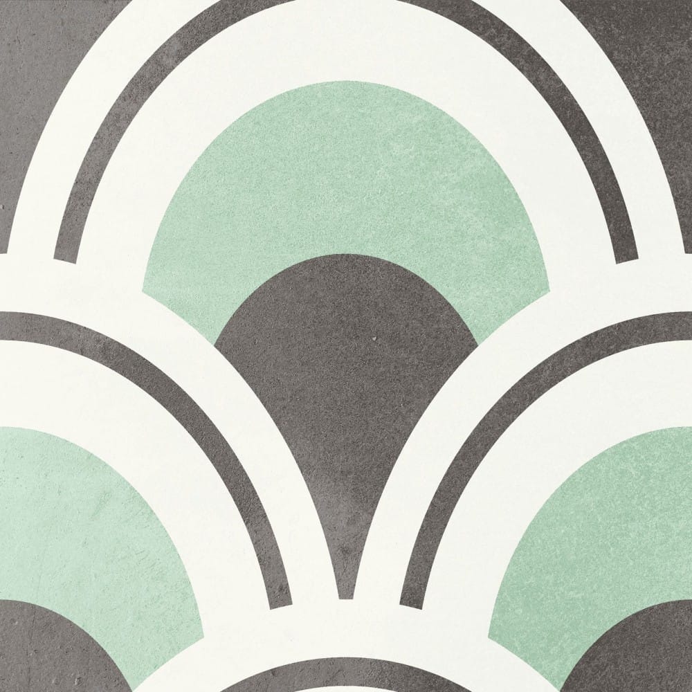 Dune Marina 147x147mm encaustic-style tile featuring a layered art deco fan scallop pattern in mint green, charcoal, and white.
