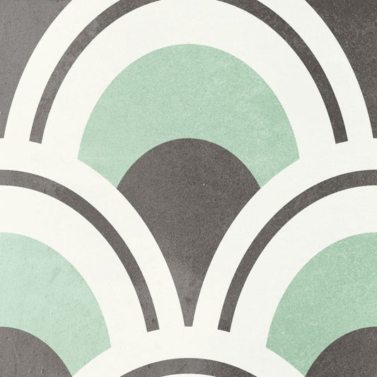 Dune Marina 147x147mm encaustic-style tile featuring a layered art deco fan scallop pattern in mint green, charcoal, and white.