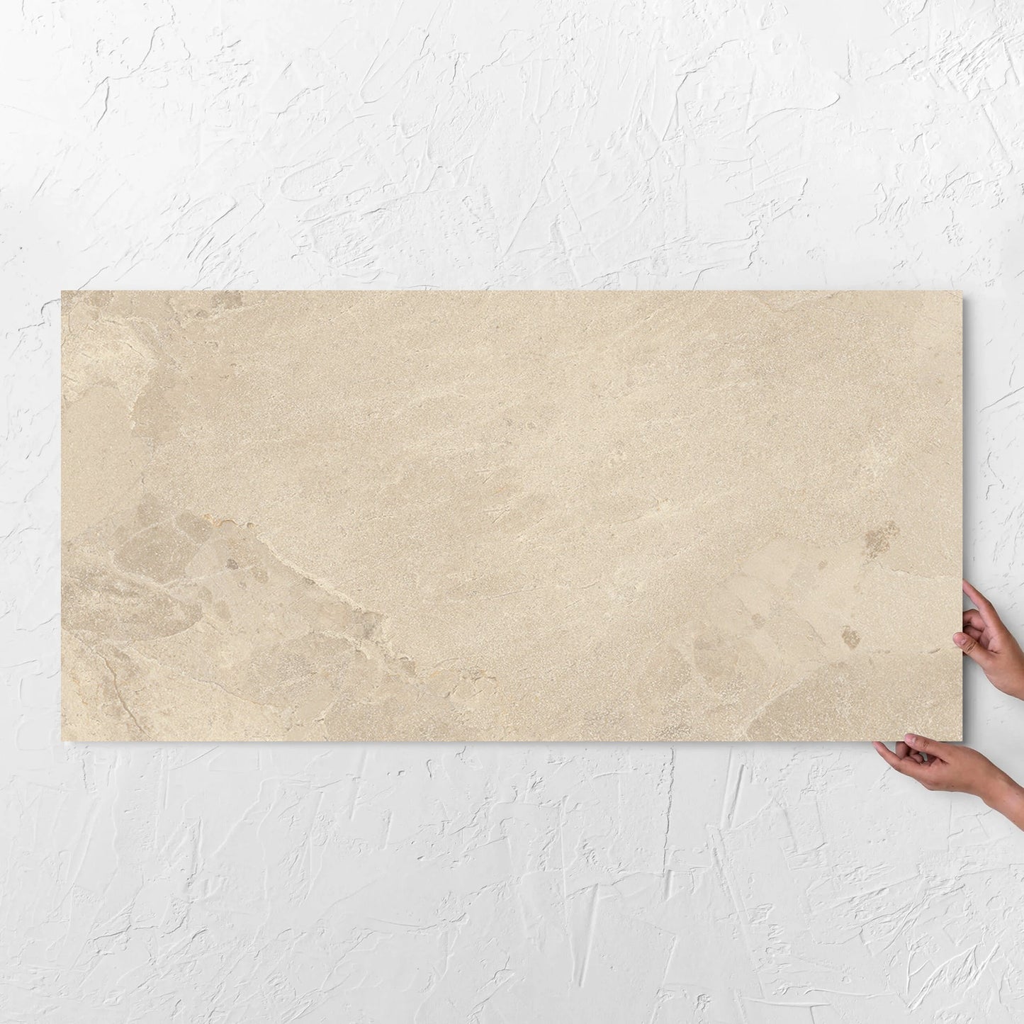 Aurelia Stone Beige 3D Decor 600x1200mm tile with hands