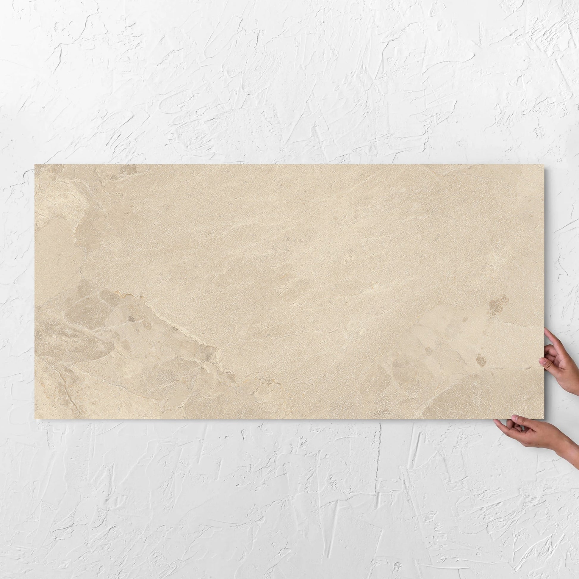 Aurelia Stone Beige 3D Decor 600x1200mm tile with hands