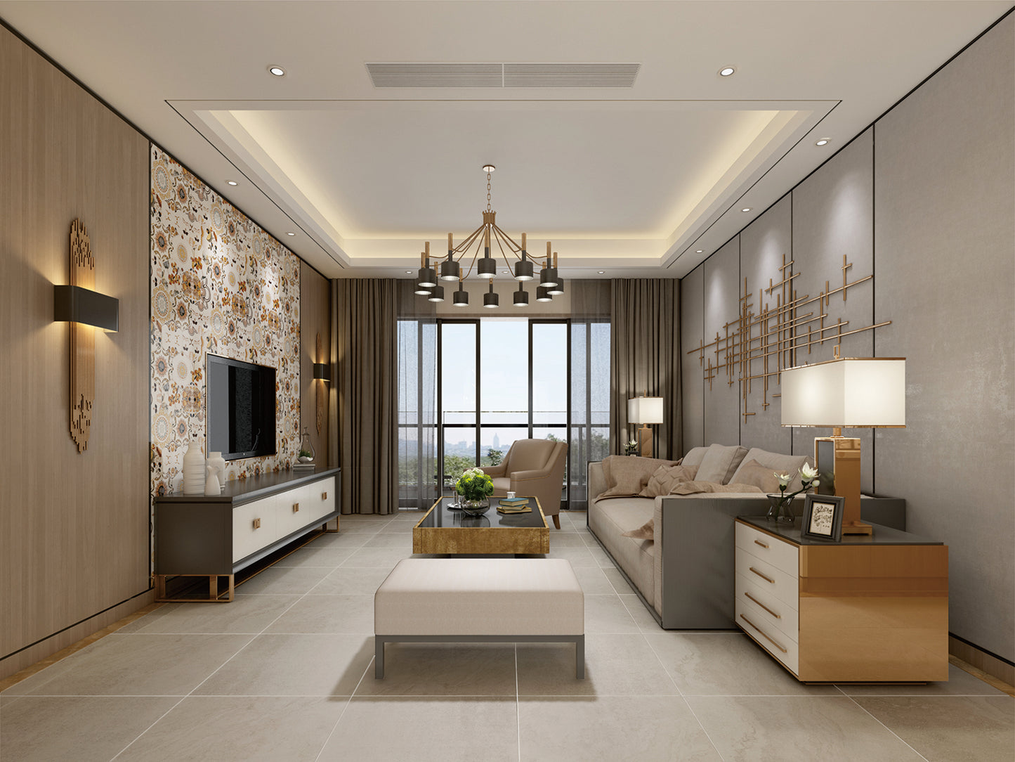 Eco Stone Grey Matt 600x600mm floor tiles installed in a contemporary living room featuring a gold chandelier, floral feature wall, and large glazed windows.