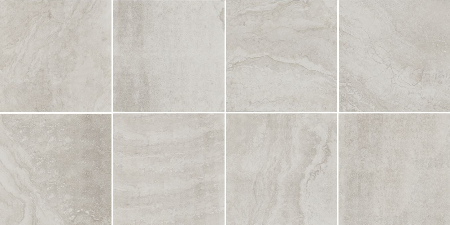Eight face variation samples of Eco Stone Grey Matt 600x600mm porcelain floor tile showing natural stone-look veining and subtle grey tonal variation.