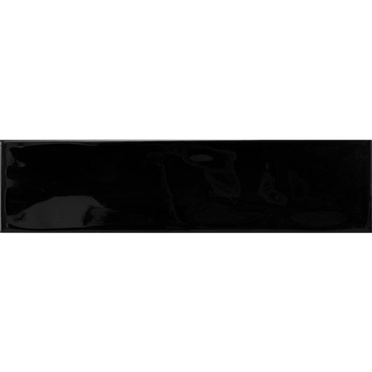 Single glossy black rectangular tile, Edge Black Wave Gloss 68x280mm, showing a smooth high-sheen surface with subtle wave-like reflections.