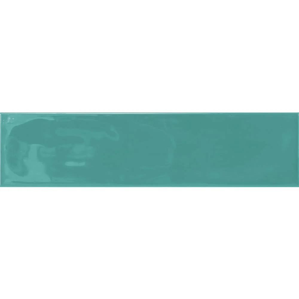 Single glossy rectangular tile of Edge Light Green Wave Matt 68x280mm showing a rich teal-green glaze with subtle undulating surface reflections.