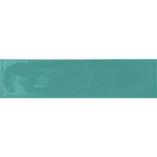 Single glossy rectangular tile of Edge Light Green Wave Matt 68x280mm showing a rich teal-green glaze with subtle undulating surface reflections.