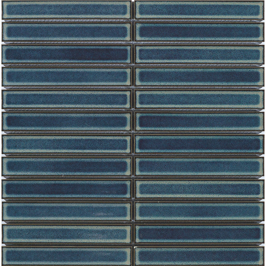Close-up sheet view of Finger Speckle Mosaic Light Blue Gloss 20x145mm tiles showing rectangular glazed ceramic strips with deep teal speckled finish arranged in stacked rows.