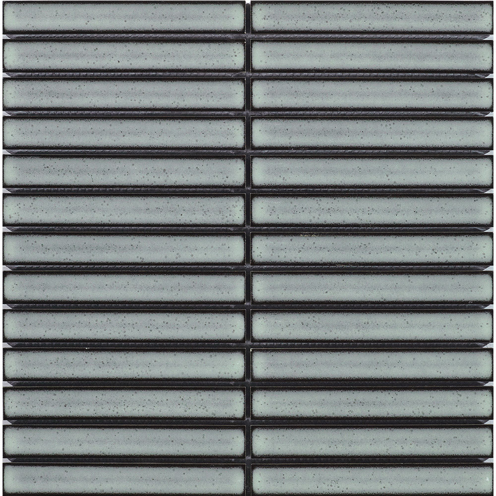 Close-up flat lay of Finger Speckle Mosaic Light Grey Gloss 20x145mm tiles arranged in stacked horizontal rows with dark grout lines and a subtle speckled gloss finish.