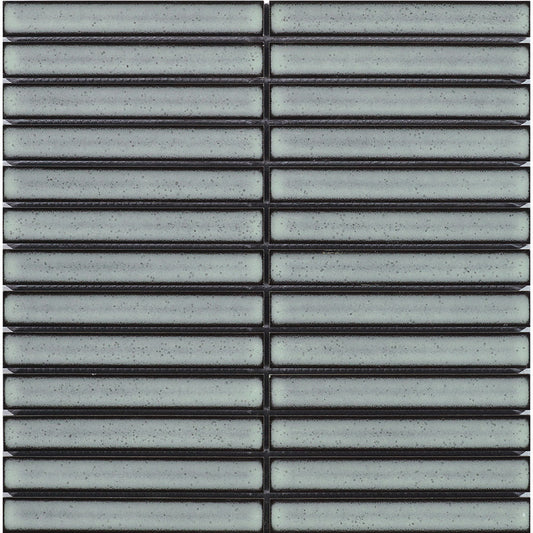 Close-up flat lay of Finger Speckle Mosaic Light Grey Gloss 20x145mm tiles arranged in stacked horizontal rows with dark grout lines and a subtle speckled gloss finish.