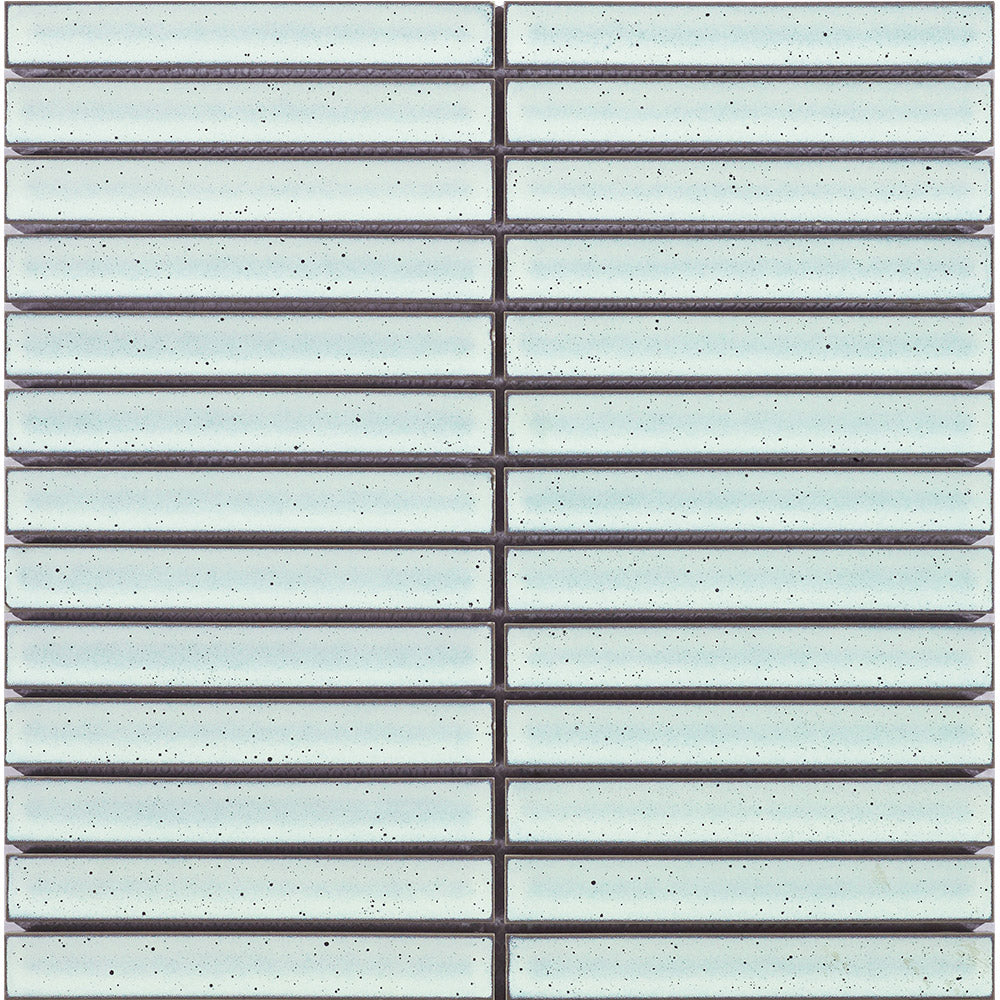 Finger Speckle Mosaic White Gloss 20x145mm tiles arranged in a stack bond pattern showing elongated rectangular glazed ceramic pieces with dark speckled detailing and grey grout lines.