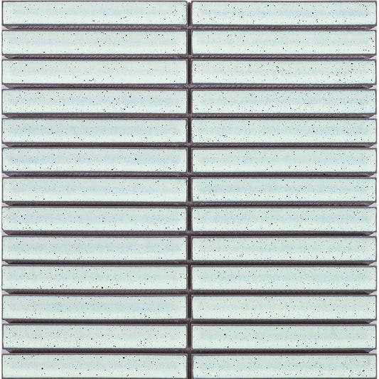 Finger Speckle Mosaic White Gloss 20x145mm tiles arranged in a stack bond pattern showing elongated rectangular glazed ceramic pieces with dark speckled detailing and grey grout lines.