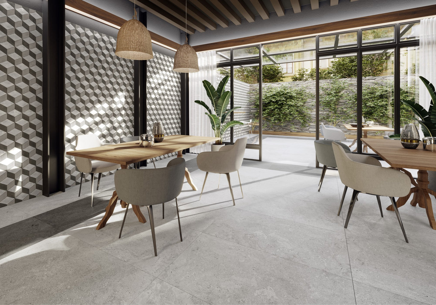 French Stone Bone Natural 600x600 light grey porcelain floor tiles installed in a contemporary dining room with wooden tables, wicker pendant lights, and floor-to-ceiling windows.
