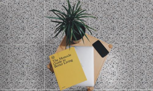 Galaxy Terrazzo Light Grey 300x600mm tiles styled in a flatlay scene with a potted plant, laptop, book, and smartphone on the surface.