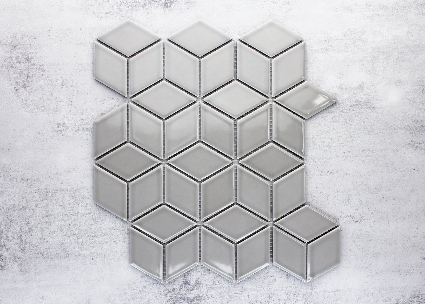 Grey Gloss Cube 48x48mm ceramic mosaic tile sheet displaying diamond rhombus shapes in a glossy light grey finish arranged in a geometric 3D cube pattern.