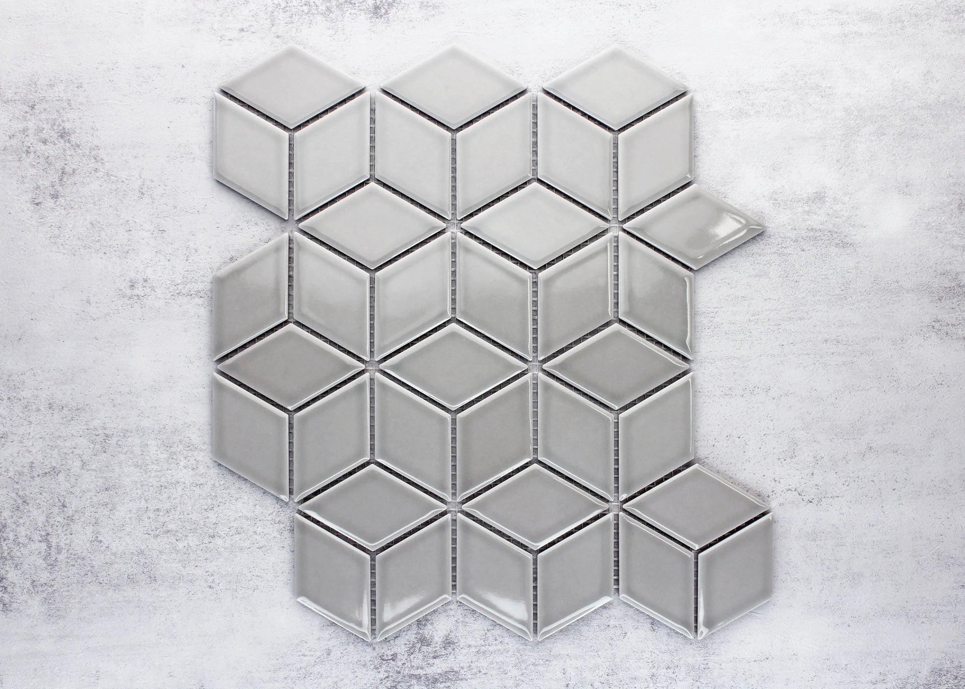 Grey Gloss Cube 48x48mm ceramic mosaic tile sheet displaying diamond rhombus shapes in a glossy light grey finish arranged in a geometric 3D cube pattern.