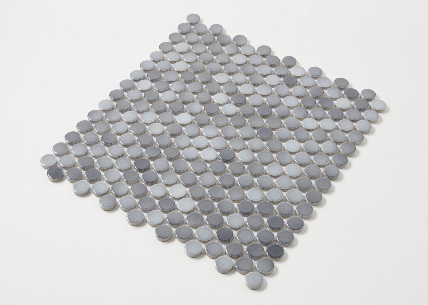 Grey Gloss Diameter Glazed Porcelain Penny Round 19mm tiles arranged in a diamond-shaped mosaic sheet, showing glossy silver-grey circular ceramic discs on a white background.