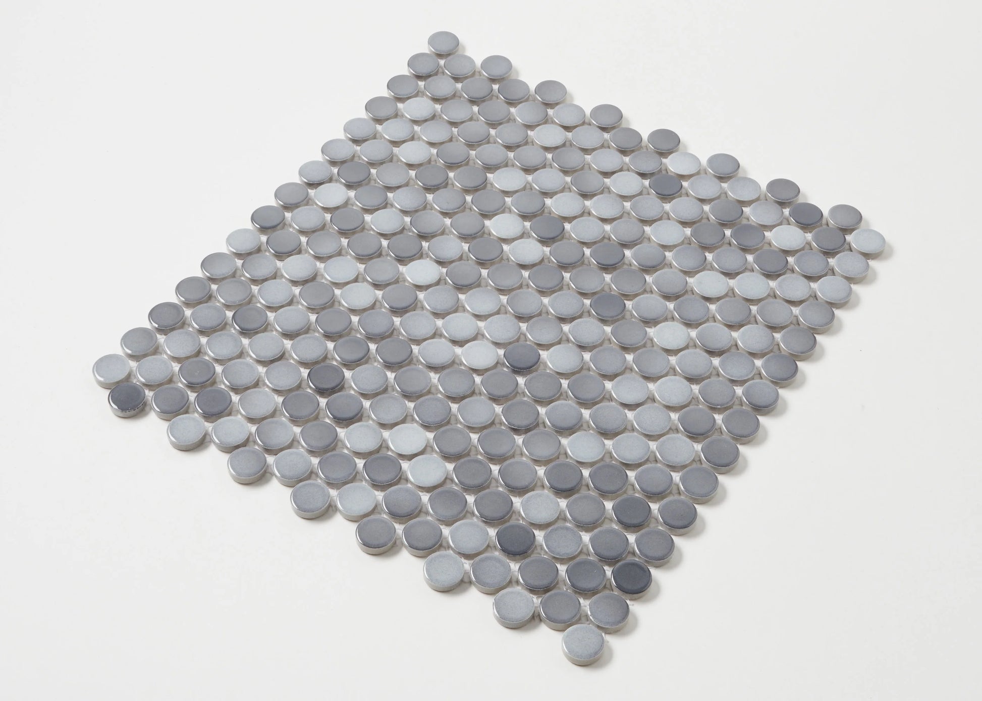Grey Gloss Diameter Glazed Porcelain Penny Round 19mm tiles arranged in a diamond-shaped mosaic sheet, showing glossy silver-grey circular ceramic discs on a white background.