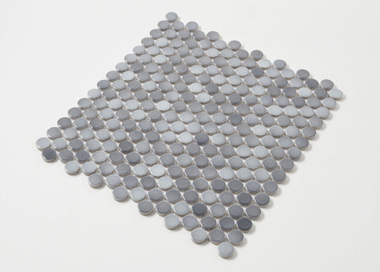 Grey Gloss Diameter Glazed Porcelain Penny Round 19mm tiles arranged in a diamond-shaped mosaic sheet, showing glossy silver-grey circular ceramic discs on a white background.