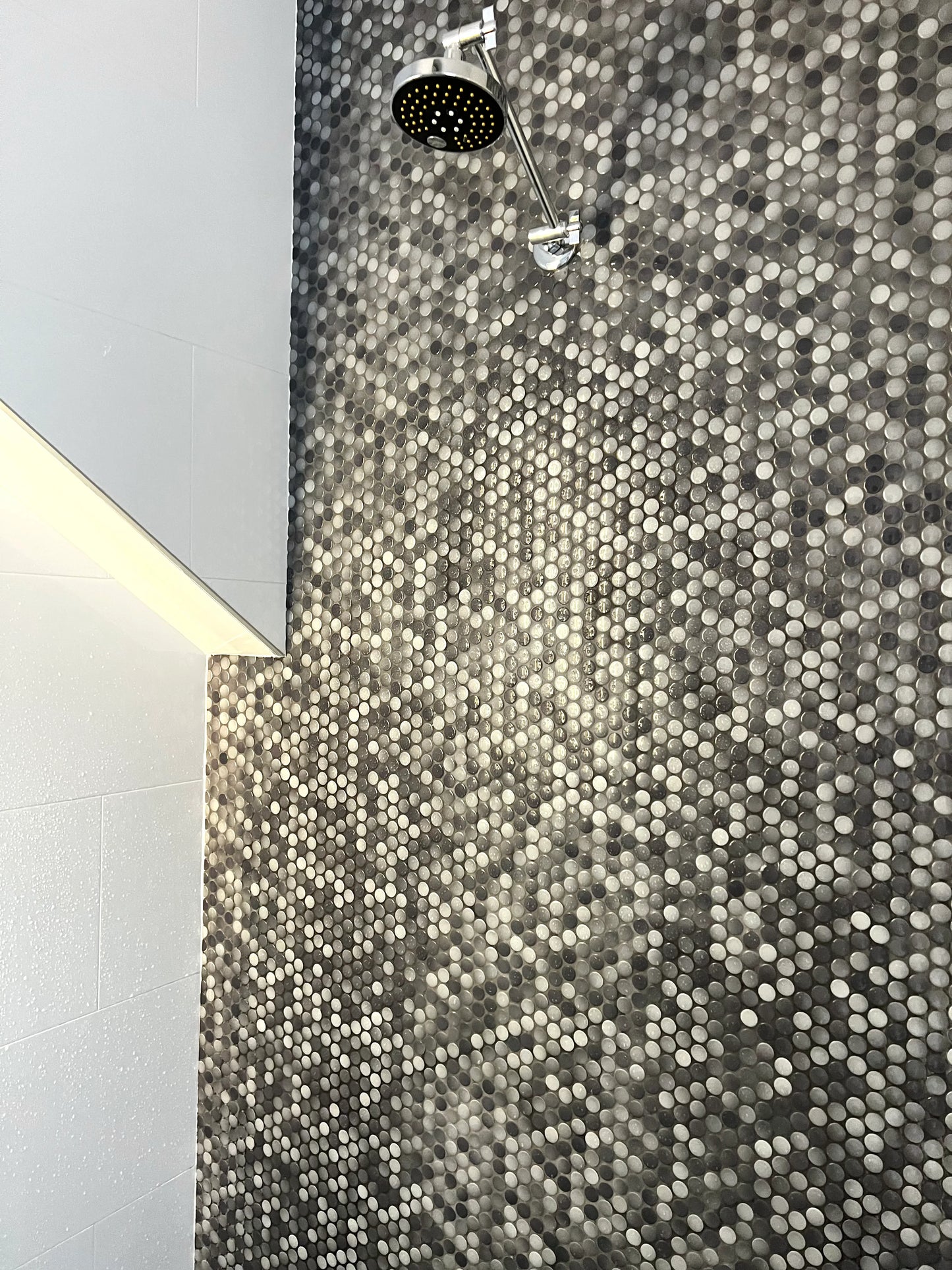 Grey Gloss Diameter Glazed Porcelain Penny Round 19mm tiles installed as a full shower wall with chrome rainfall showerhead and white surround tiles.