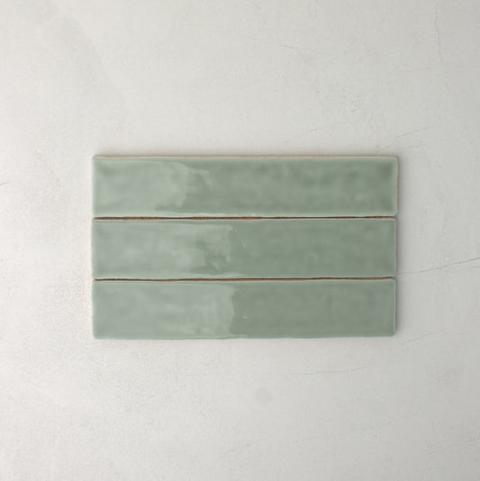 Spanish Handmade Gloss Sage 75x300mm top view
