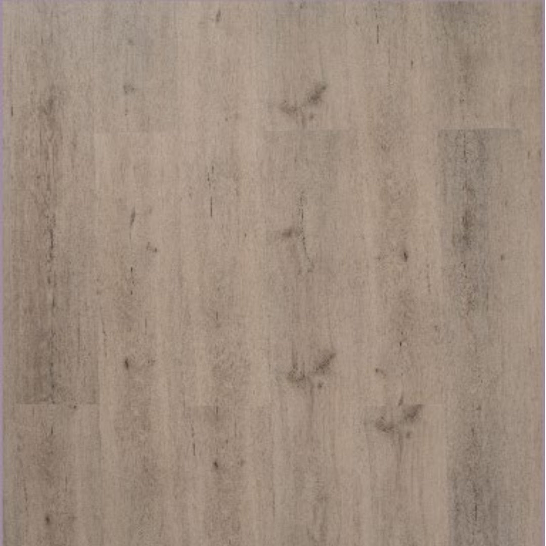 Close-up texture shot of Harbour Grey Elegant SPC Hybrid 6.5mm Flooring 5+1.5mm showing warm grey wood-grain planks with natural knot detailing.