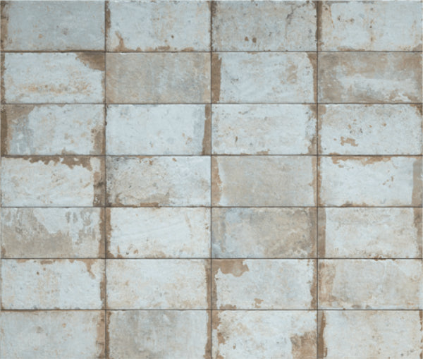 Havana Sugar Cane 200x400mm ceramic wall tiles in a matte finish, displaying a weathered white and sandy beige vintage pattern with rustic variation.