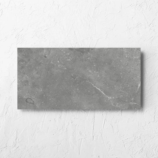 Kashmir Ash Matt 300x600mm tile laid flat on a white rendered wall, showing the matt surface