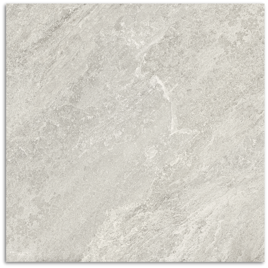 Close-up of Kora Stone Shale Grip 600x600mm tile showing a light grey stone-look surface with natural veining and a subtle textured grip finish.