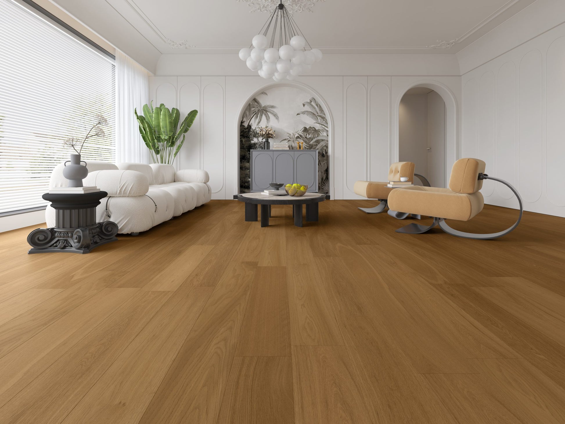 Latte Classique Oak Flooring 14/2mm installed in a bright modern living room featuring a white bouclé sofa, globe pendant light, and arched wall panels.