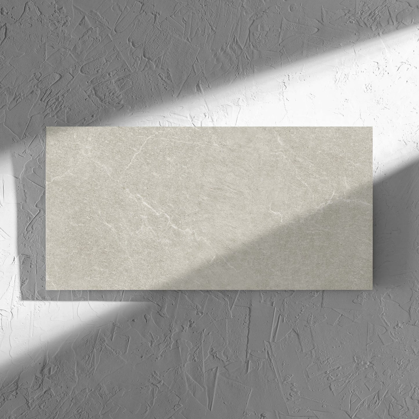 Lava Soft Beige Amber 300x600mm tile in soft natural window light, showing the soft beige lappato surface