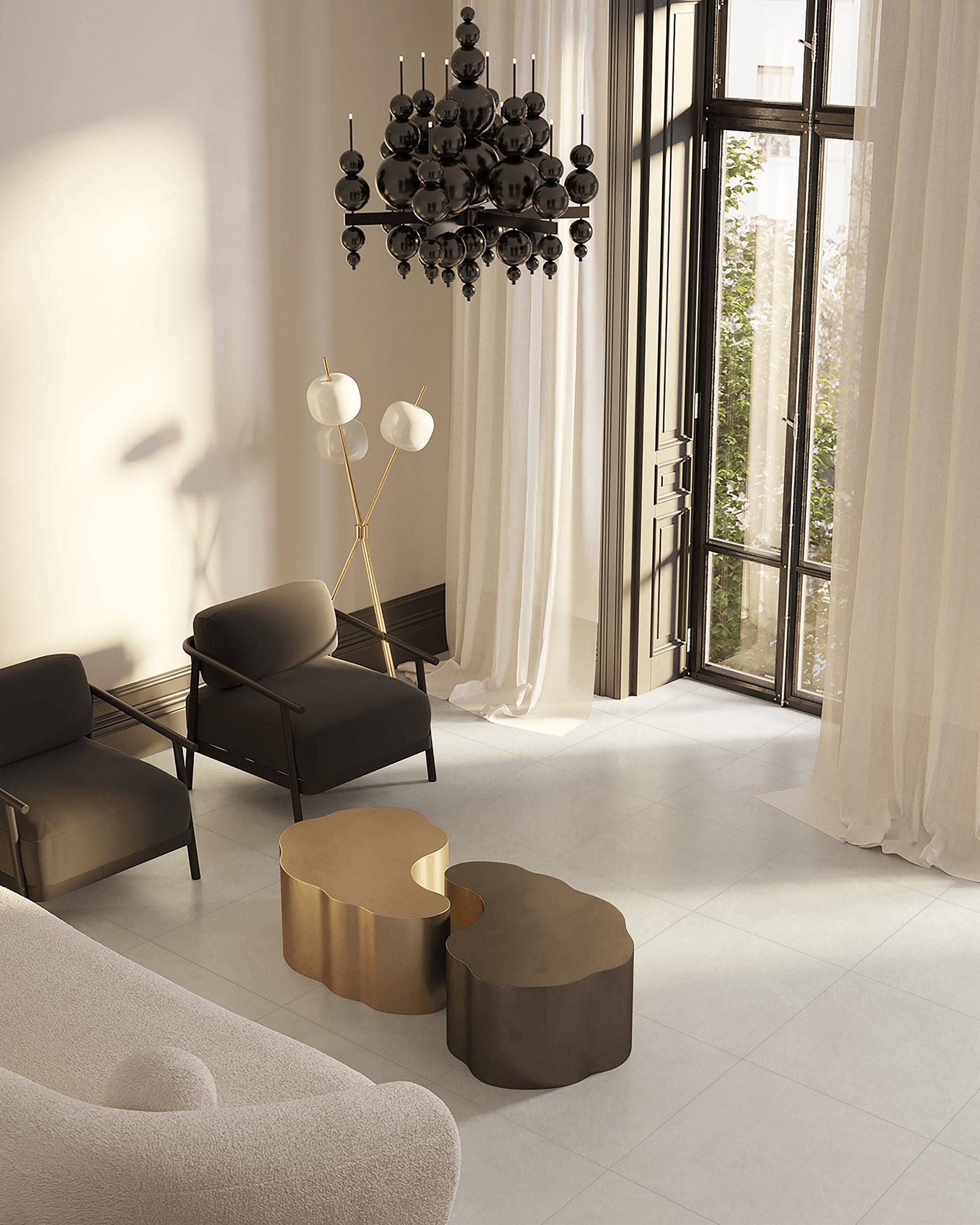 Lava White 600x600mm floor tiles in a luxury living room styled with gold coffee tables, dark armchairs, and a dramatic black chandelier.