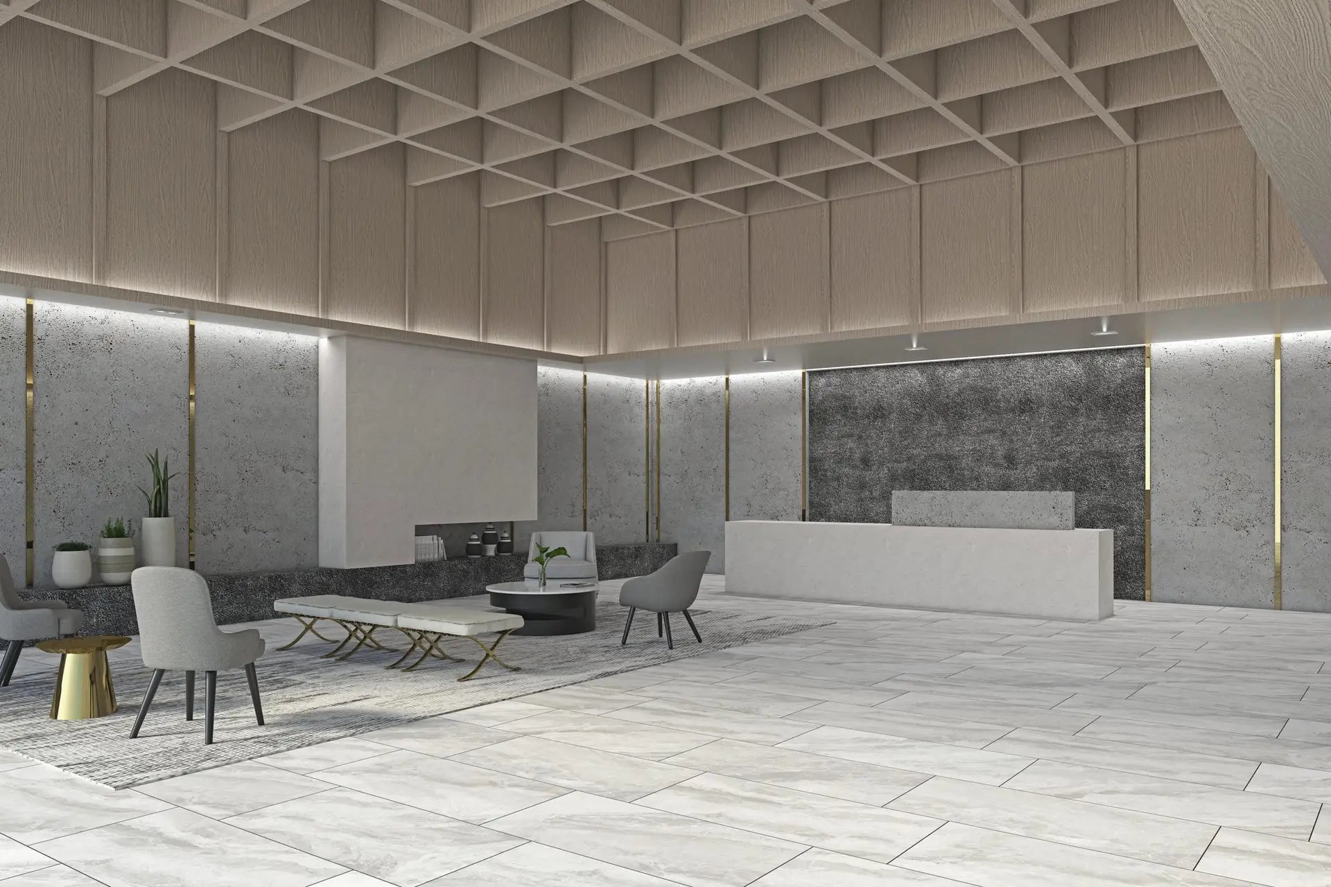 Legacy Silver Ash Rectified 300x600mm tile laid across a contemporary hotel lobby floor featuring a coffered timber ceiling, reception desk, and gold accent wall details.