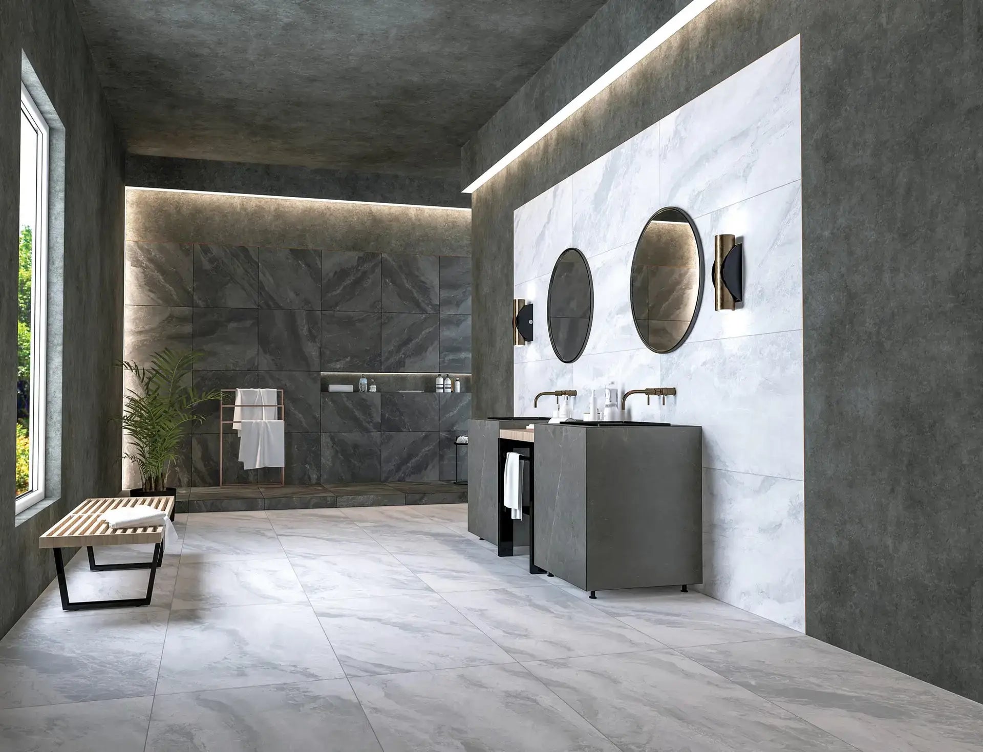 Legacy Steel Grey Rectified 600x600mm tiles installed as a dramatic bathroom floor with white marble-look feature wall, dark vanity unit, and twin round mirrors.