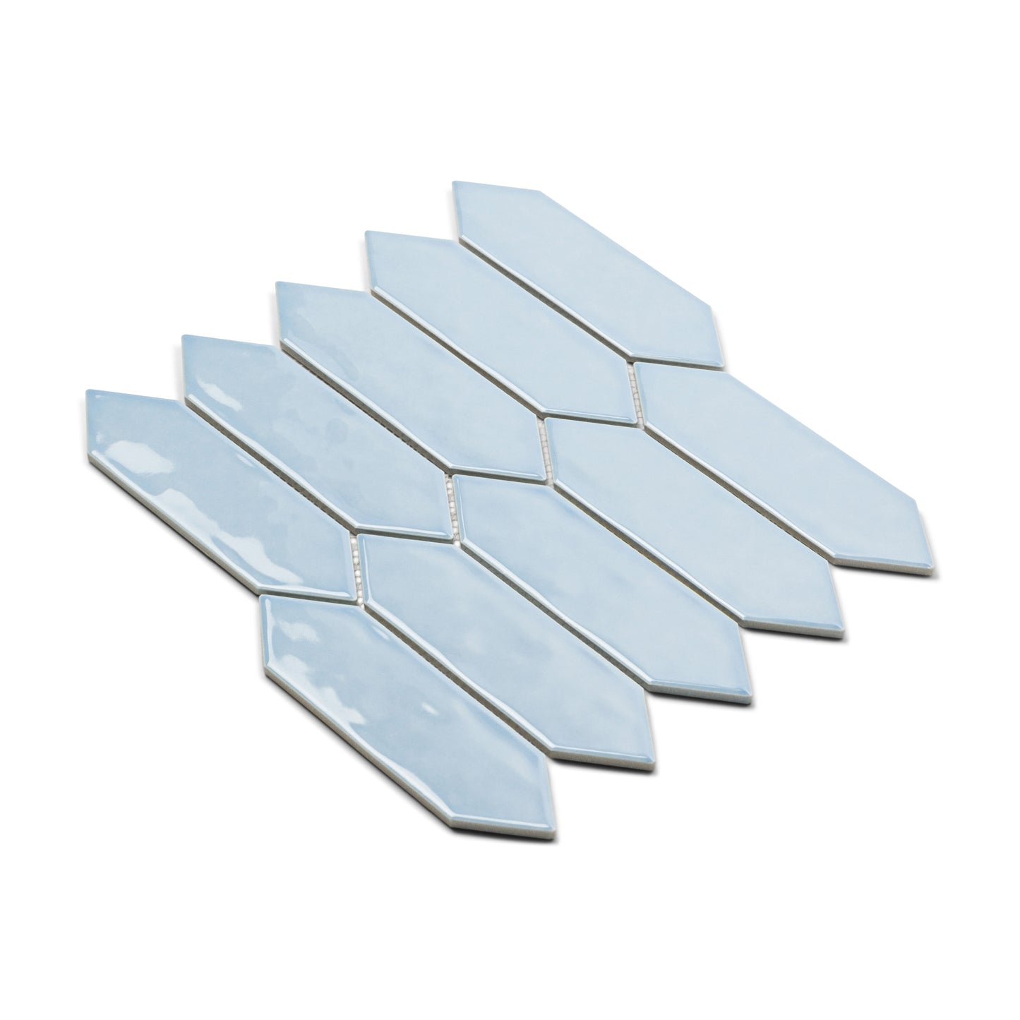 Light Blue Gloss Porcelain Glazed Ripple Surface Arrow 55x195mm tiles arranged in a fanned mosaic sheet displaying elongated hexagonal arrow shapes with a shiny glazed finish.