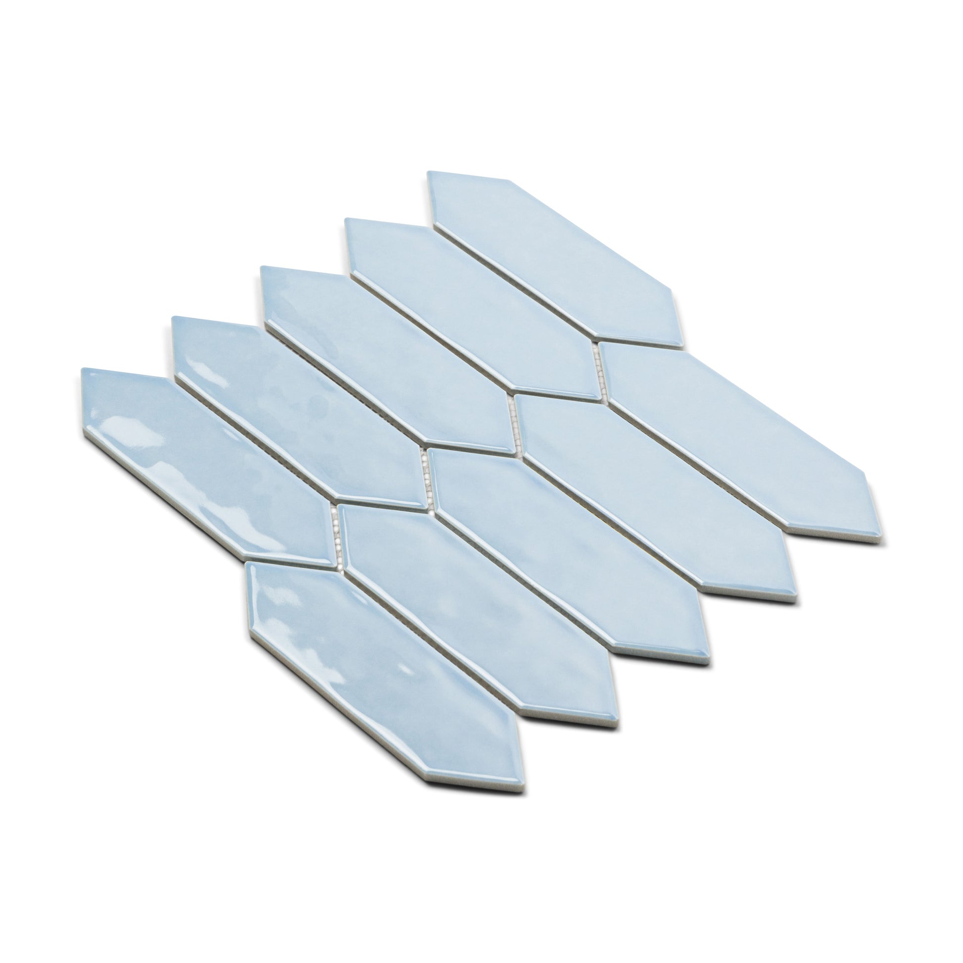Light Blue Gloss Porcelain Glazed Ripple Surface Arrow 55x195mm tiles arranged in a fanned mosaic sheet displaying elongated hexagonal arrow shapes with a shiny glazed finish.