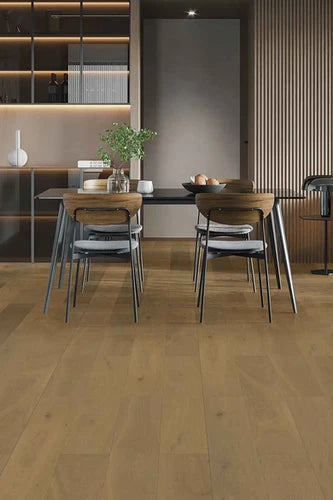 Light Malt iDesign15 Oak Flooring 15/3mm installed in a modern dining room with a dark table, wooden chairs, and slatted timber wall panelling.