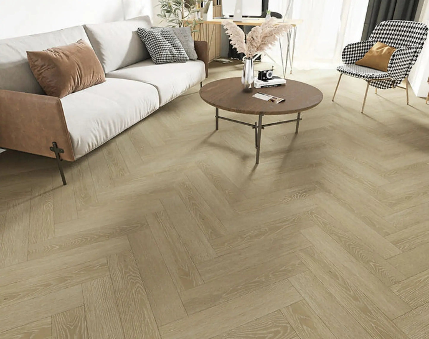 Lime Ash Elegant SPC Hybrid 9.5mm Flooring 7.5+2mm installed in a herringbone pattern in a modern living room with a white sofa and round coffee table.