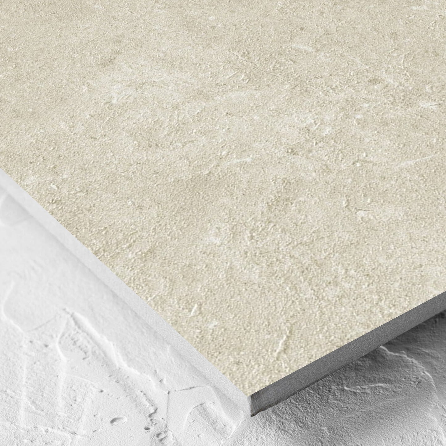 Corner close-up of the Lusso Naturale Amber 600x600mm tile showing the matt surface and the edge profile