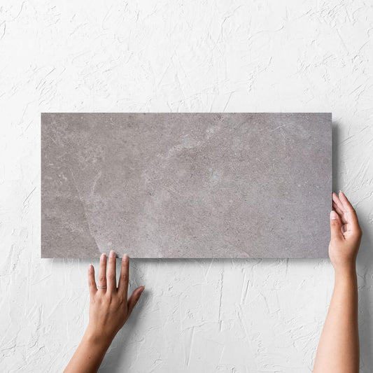 Hand holding a single Lusso Terra Matt 300x600mm tile against a white rendered wall, showing the matt surface