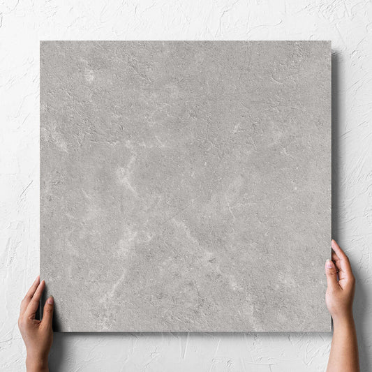 Hand holding a single Lusso Terra Matt 600x600mm tile against a white rendered wall, showing the matt surface