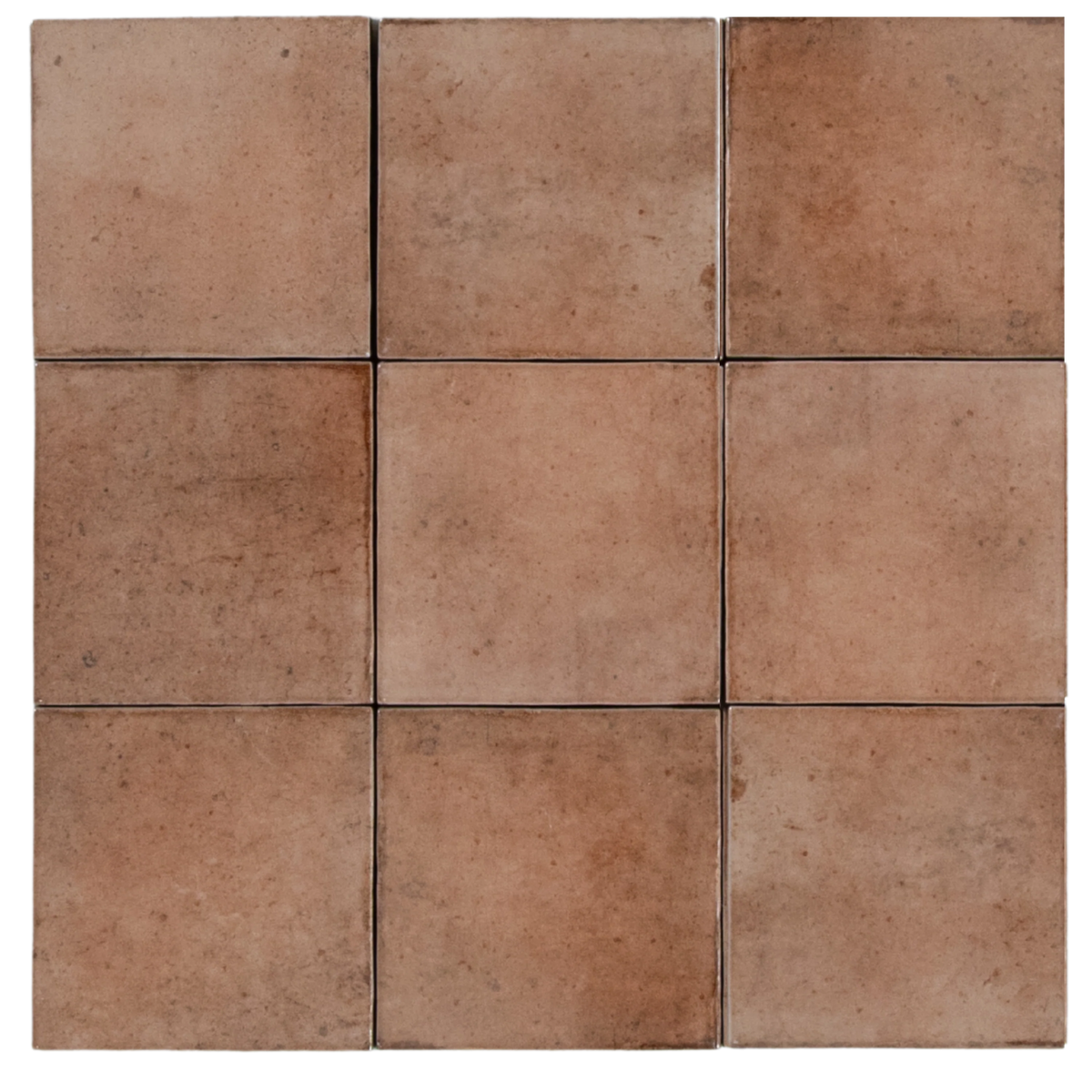 Majorca Gloss Cotto 100x100mm square tiles arranged in a 3x3 grid showcasing warm terracotta tones and subtle natural variation with a glossy finish.