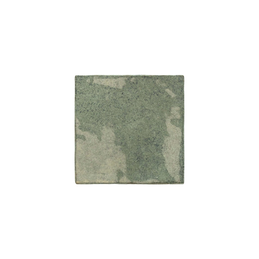 Single square Majorca Gloss Sage 100x100mm wall tile with mottled sage green and soft grey gloss finish and artisan surface variation.